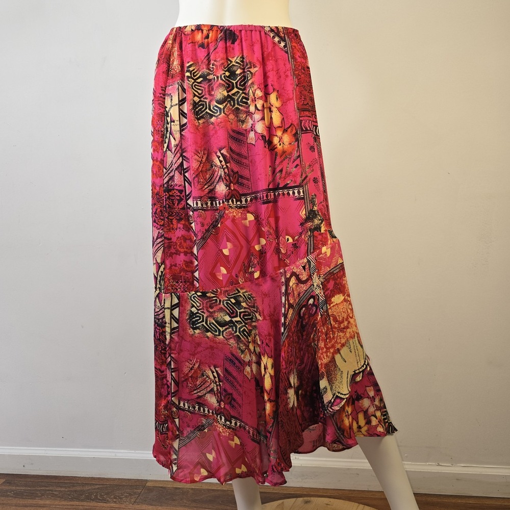 Chicos 100% Silk Midi Skirt Size 1 M Faux Patchwork Pink Pull-On Lined Geometric
